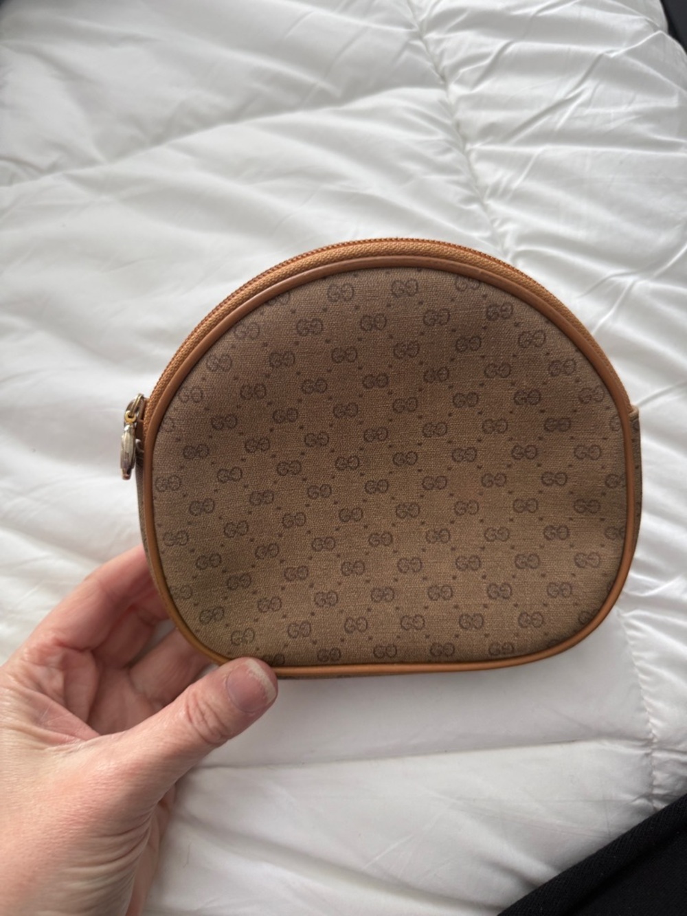 Gucci Brown Monogram Canvas Round Wristlet Clutch with Tan Trim